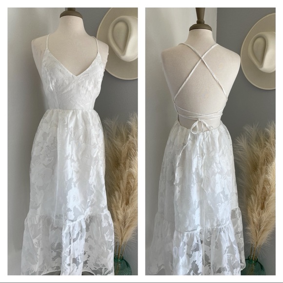 ❤️ Lulus Feeling Like Forever White Jacquard Organza Lace-Up Midi Dress - Picture 3 of 16